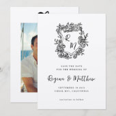 Hand getrokken zwarte bloemenkam monogram bruiloft save the date (Voorkant / Achterkant)