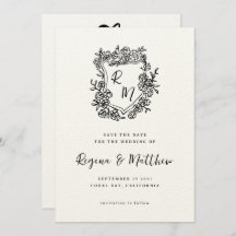 Hand getrokken zwarte bloemenkam monogram bruiloft