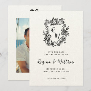 Hand getrokken zwarte bloemenkam monogram bruiloft save the date