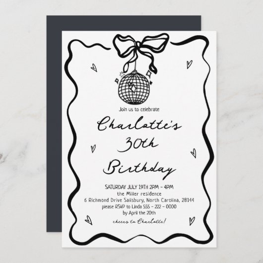 Hand getrokken zwarte disco bal 30e verjaardag kaart (Voorkant / Achterkant)