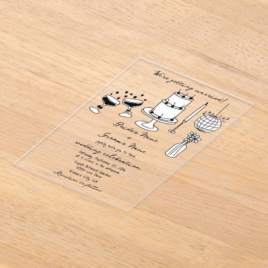 Hand getrokken zwarte illustraties Doodles bruilof Acryl Uitnodigingen (Laagn)