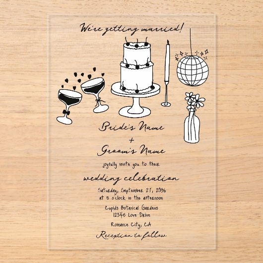 Hand getrokken zwarte illustraties Doodles bruilof Acryl Uitnodigingen (Voorkant)