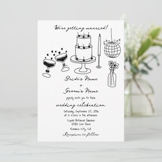 Hand getrokken zwarte illustraties Doodles bruilof Kaart (Staand voorkant)