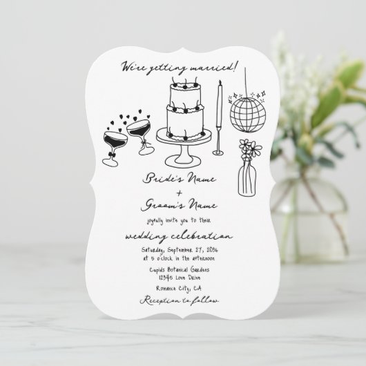 Hand getrokken zwarte illustraties Doodles bruilof Kaart (Staand voorkant)