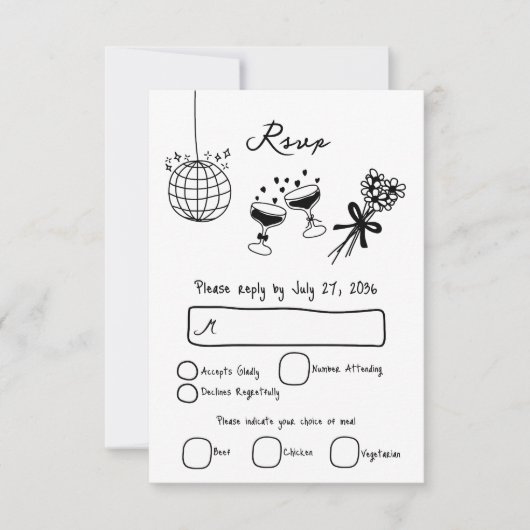 Hand getrokken zwarte illustraties Doodles bruilof RSVP Kaartje (Voorkant)