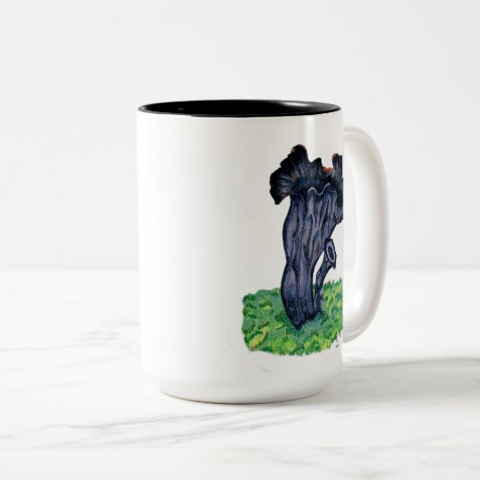 Hand getrokken zwarte trompet paddenstoel tweekleurige koffiemok (Voorkant rechts)