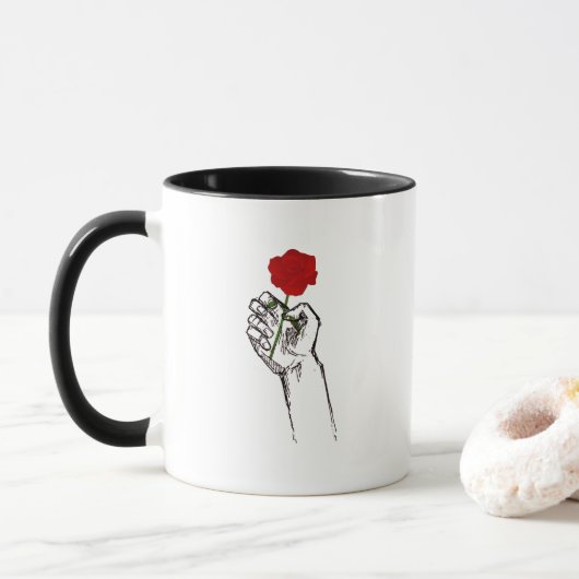 Hand Holding Rose Minimal Art – Elegant Floral Cof Mok (Met donut)