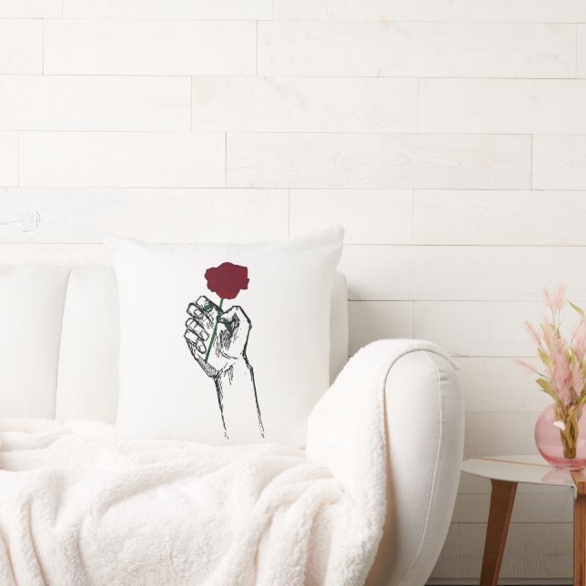 Hand Holding Rose Minimal Art – Elegant Floral Cus Kussen (Bank)