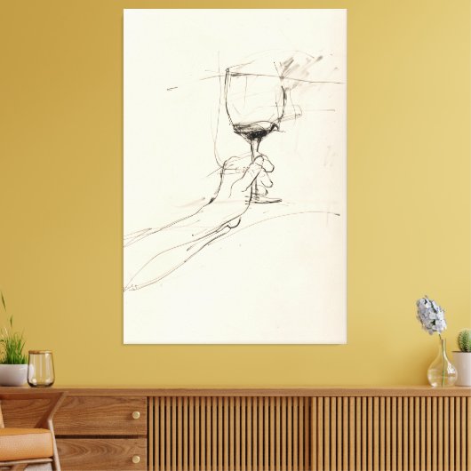 Hand houden van wijn glas schets - canvas afdruk (Insitu (Woonkamer))