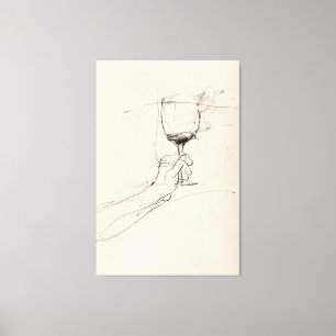 Hand houden van wijn glas schets - canvas afdruk