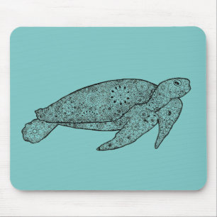 Hand Illustrated Artsy Floral Zee Turtle Muismat
