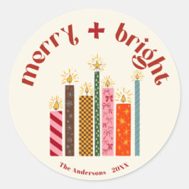 Hand-Illustrated Merry + Bright Christmas Sticke C Ronde Sticker