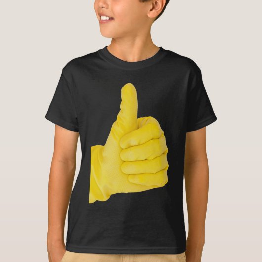 Hand in gele latex handschoen t-shirt (Voorkant)