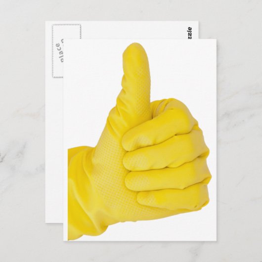 hand in gele latexhandschoen briefkaart (Voorkant / Achterkant)