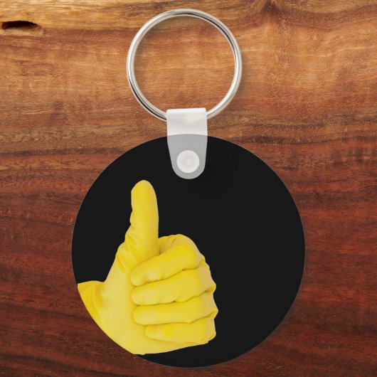 hand in gele latexhandschoen sleutelhanger (Voorkant)