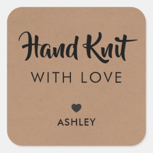 Hand Knit with Love, Handmade Gift Tag, Kraft Vierkante Sticker