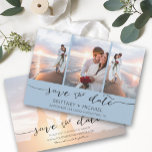 Hand Lettered 3 Afbeelding Dusty Blue Save The Date<br><div class="desc">Kies de beste afbeeldingen uit je verloving-opname of je favoriete afbeeldingen van jullie twee voor deze perfecte bewaardatum. De woorden sparen de datum zijn handgeschreven om een persoonlijk gevoel aan de kaart te geven. De voorkant heeft 3 afbeeldingen en de achterkant heeft een groot afbeelding met een witte filter op...</div>