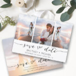 Hand Lettered 3 Afbeelding Wit Save The Date<br><div class="desc">Kies de beste afbeeldingen uit je verloving-opname of je favoriete afbeeldingen van jullie twee voor deze perfecte bewaardatum. De woorden sparen de datum zijn handgeschreven om een persoonlijk gevoel aan de kaart te geven. De voorkant heeft 3 afbeeldingen en de achterkant heeft een groot afbeelding met een witte filter op...</div>