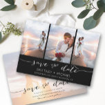 Hand Lettered 3 Afbeelding zwart Save The Date<br><div class="desc">Kies de beste afbeeldingen uit je verloving-opname of je favoriete afbeeldingen van jullie twee voor deze perfecte bewaardatum. De woorden sparen de datum zijn handgeschreven om een persoonlijk gevoel aan de kaart te geven. De voorkant heeft 3 afbeeldingen en de achterkant heeft een groot afbeelding met een witte filter op...</div>