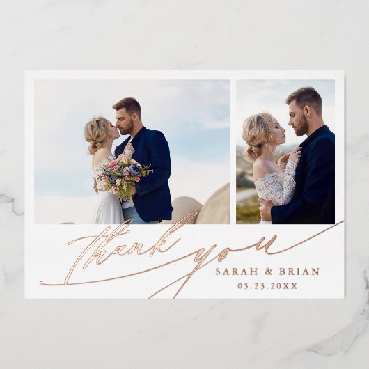 Hand Lettered 3 Fotobruiloft Hartelijk dank Folie Folie Uitnodiging (Voorkant)