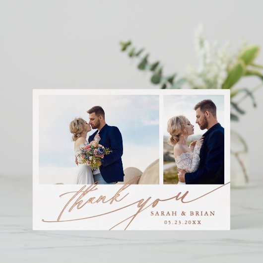 Hand Lettered 3 Fotobruiloft Hartelijk dank Folie Folie Uitnodiging (Staand Voorkant)