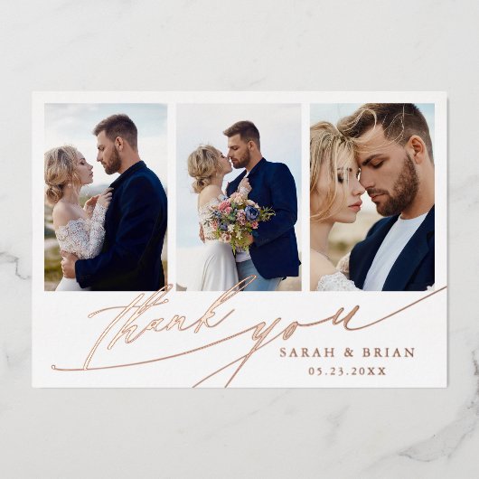 Hand Lettered 4 Foto Wedding Bedankt Folie kaart (Voorkant)