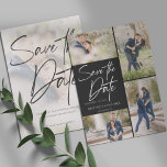 Hand Lettered Afbeelding Collage Black Save The Date<br><div class="desc">Neem uw 5 beste afbeeldingen van uw de fotozitting van het verloving met 4 voor de voorzijde en voor de rug. Het is voorzien van een handschrift met de vermelding Save the Date (Opslaan van datum).</div>