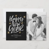 Hand-Lettered Black & Gold Happy New Year Foto Feestdagenkaart (Voorkant)