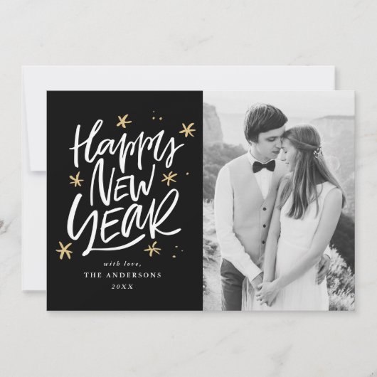 Hand-Lettered Black & Gold Happy New Year Foto Feestdagenkaart (Voorkant)