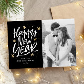 Hand-Lettered Black & Gold Happy New Year Foto Feestdagenkaart