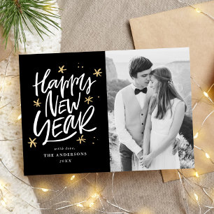 Hand-Lettered Black & Gold Happy New Year Foto Feestdagenkaart