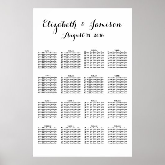Hand Lettered Calligraphy Wedding Seating Chart Poster (Voorkant)