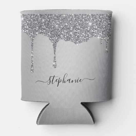 Hand Lettered Custom Name Silver Glitter Drips Blikjeskoeler (Voorkant)