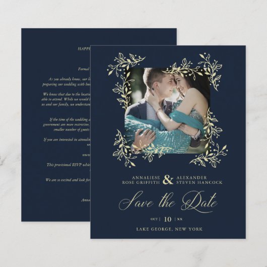 Hand Lettered Elegant Flourish Navy Photo Wedding (Voorkant / Achterkant)