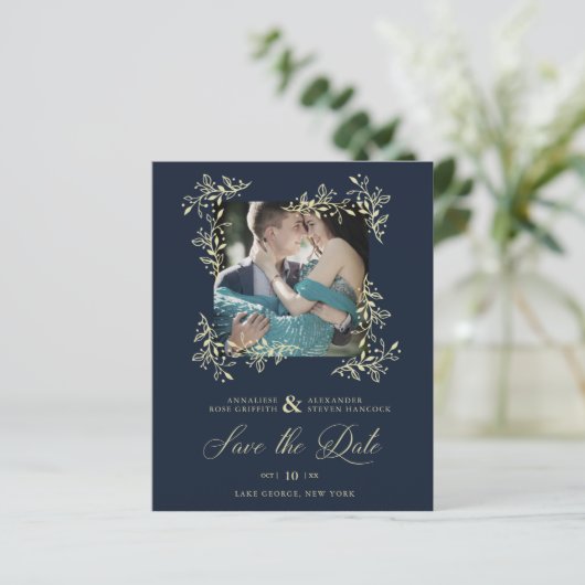 Hand Lettered Elegant Flourish Navy Photo Wedding (Staand voorkant)