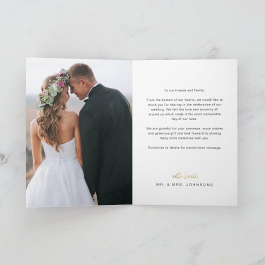 Hand Lettered Gold Script Heart Photos Wedding Bedankkaart (Binnen)