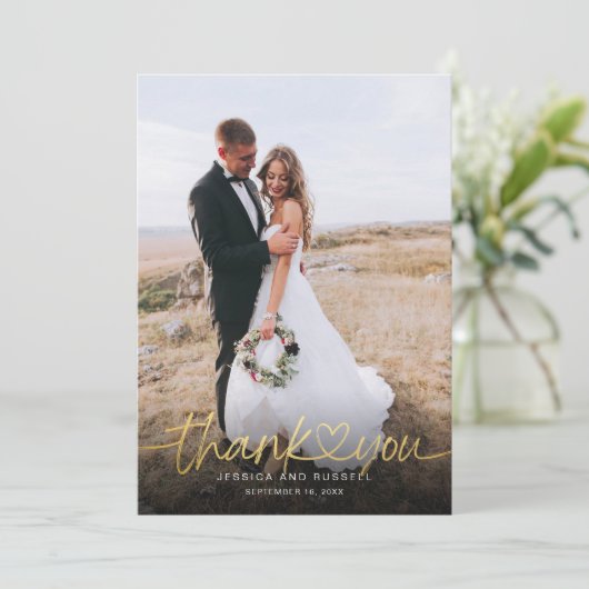 Hand Lettered Gold Script Heart Photos Wedding Bedankkaart (Staand voorkant)