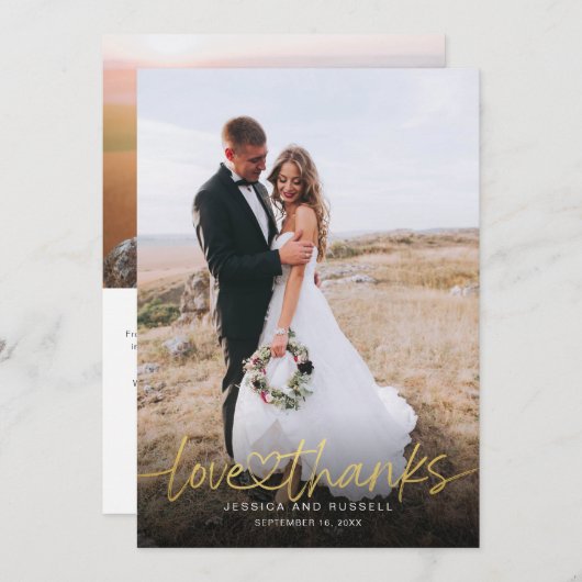 Hand Lettered Gold Script w Heart Photos Wedding Bedankkaart (Voorkant / Achterkant)