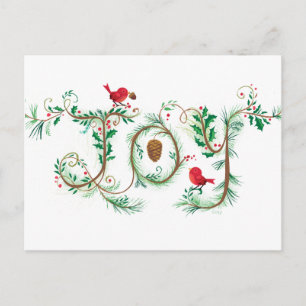 Hand lettered Joy Christmas Red Bird Postcard Feestdagenkaart