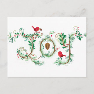 Hand lettered Joy Christmas Red Bird Postcard Feestdagenkaart