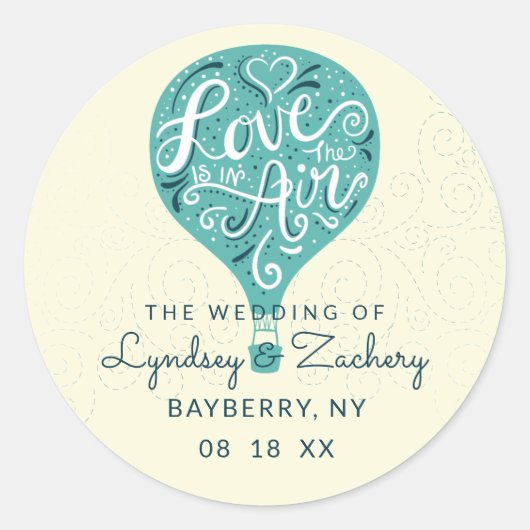 Hand Lettered Love Blauwgroen Hot Air Balloon Wedd Ronde Sticker (Voorkant)