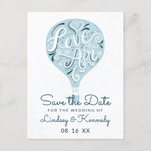Hand Lettered Love Blue Balloon Save the Date Aankondigingskaart