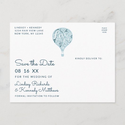 Hand Lettered Love Blue Balloon Save the Date Aankondigingskaart (Achterkant)
