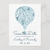 Hand Lettered Love Blue Balloon Save the Date Aankondigingskaart (Voorkant)