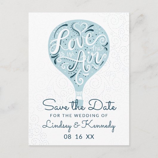 Hand Lettered Love Blue Balloon Save the Date Aankondigingskaart (Voorkant)