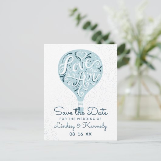 Hand Lettered Love Blue Balloon Save the Date Aankondigingskaart (Staand voorkant)