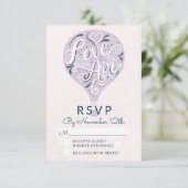 Hand Lettered Love Lavendel Bruiloft RSVP Antwoord (Staand voorkant)
