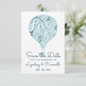 Hand Lettered Love Light Blue Hot Air ballon Save The Date (Staand voorkant)
