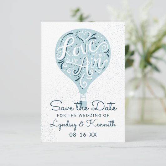 Hand Lettered Love Light Blue Hot Air ballon Save The Date (Staand voorkant)