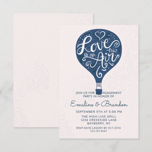 Hand Lettered Love Navy Balloon Engagement Party Kaart (Voorkant / Achterkant)
